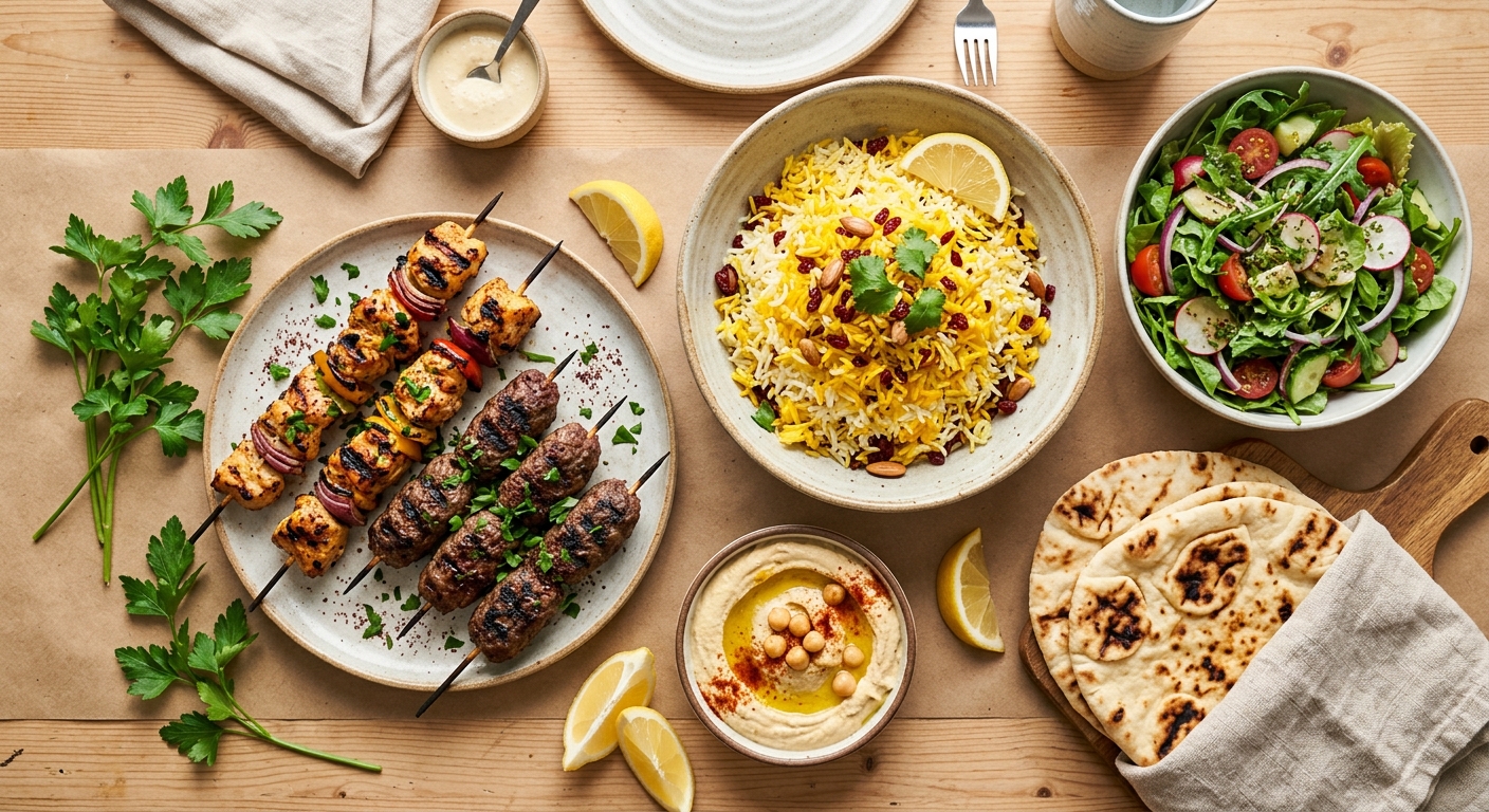 A spread of freshly prepared halal dishes